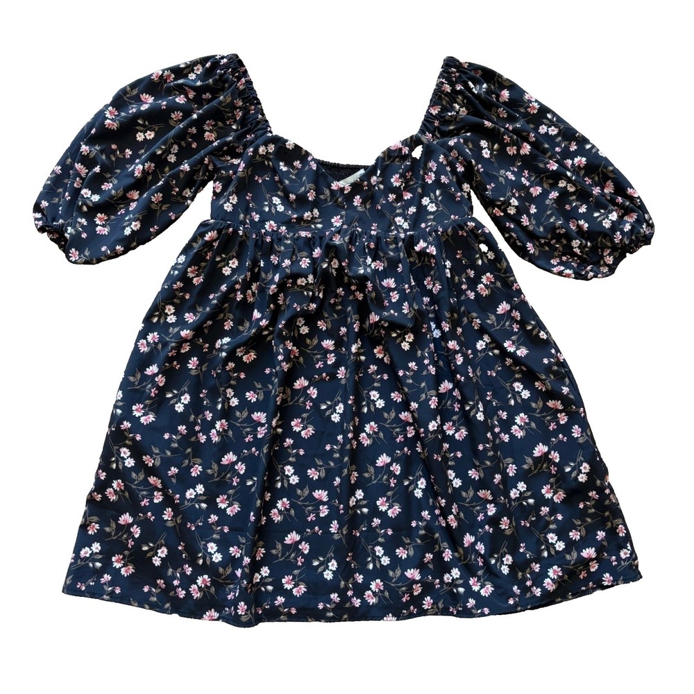 Wayf Womens Small Black Floral Puff Sleeve Smocked‎ Babydoll Mini Dress